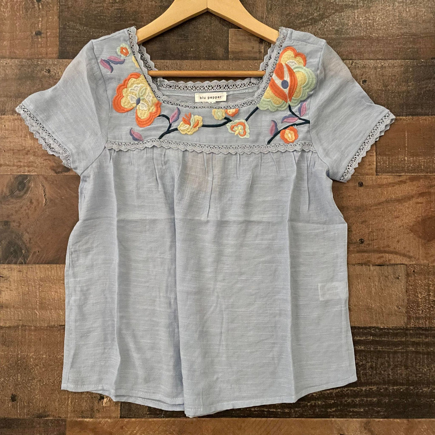 Whimsical Blooms: Flowy Short Sleeve Top with Embroidered Flowers