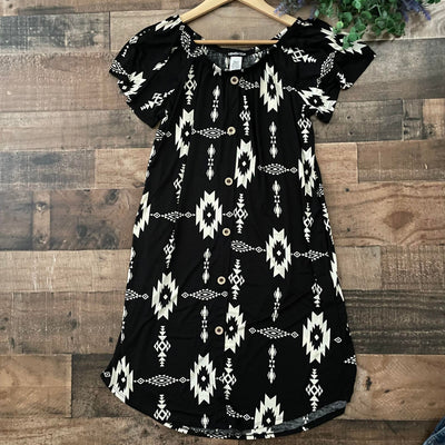 Black and Cream Aztec Print Dress with Versatile Neckline