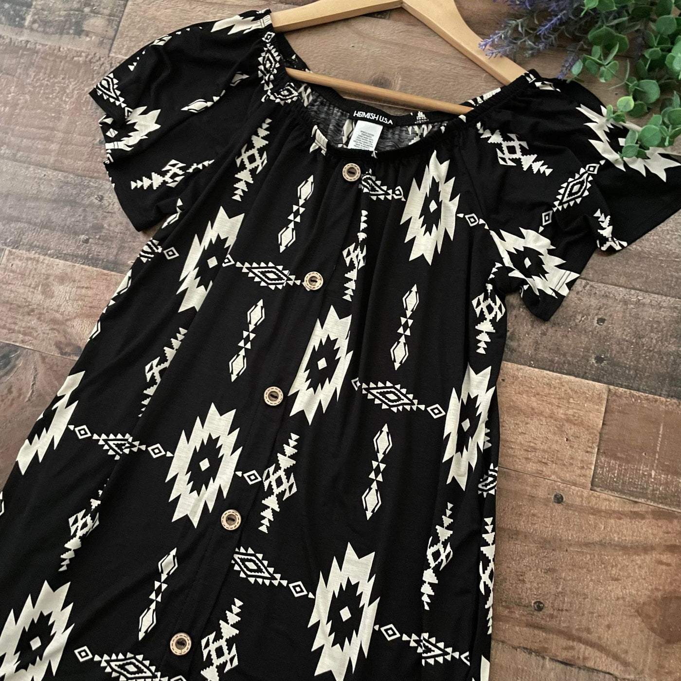 Black and Cream Aztec Print Dress with Versatile Neckline