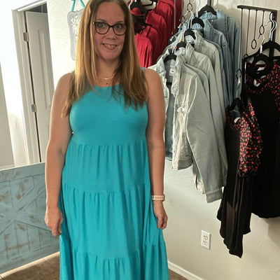 Vibrant Turquoise Sleeveless Tiered Midi Dress