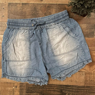 Chambray Denim-Like Shorts with Frayed Hem, Pockets, and Elastic Waistband