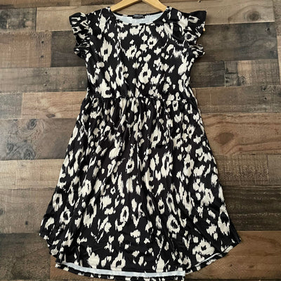 Black Animal Print Dress with Flutter Sleeves and Pockets