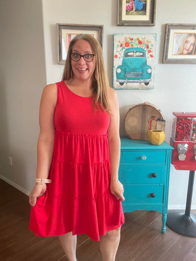 Charmingly Cute: Sleeveless Tiered Red Dress for Effortless Style