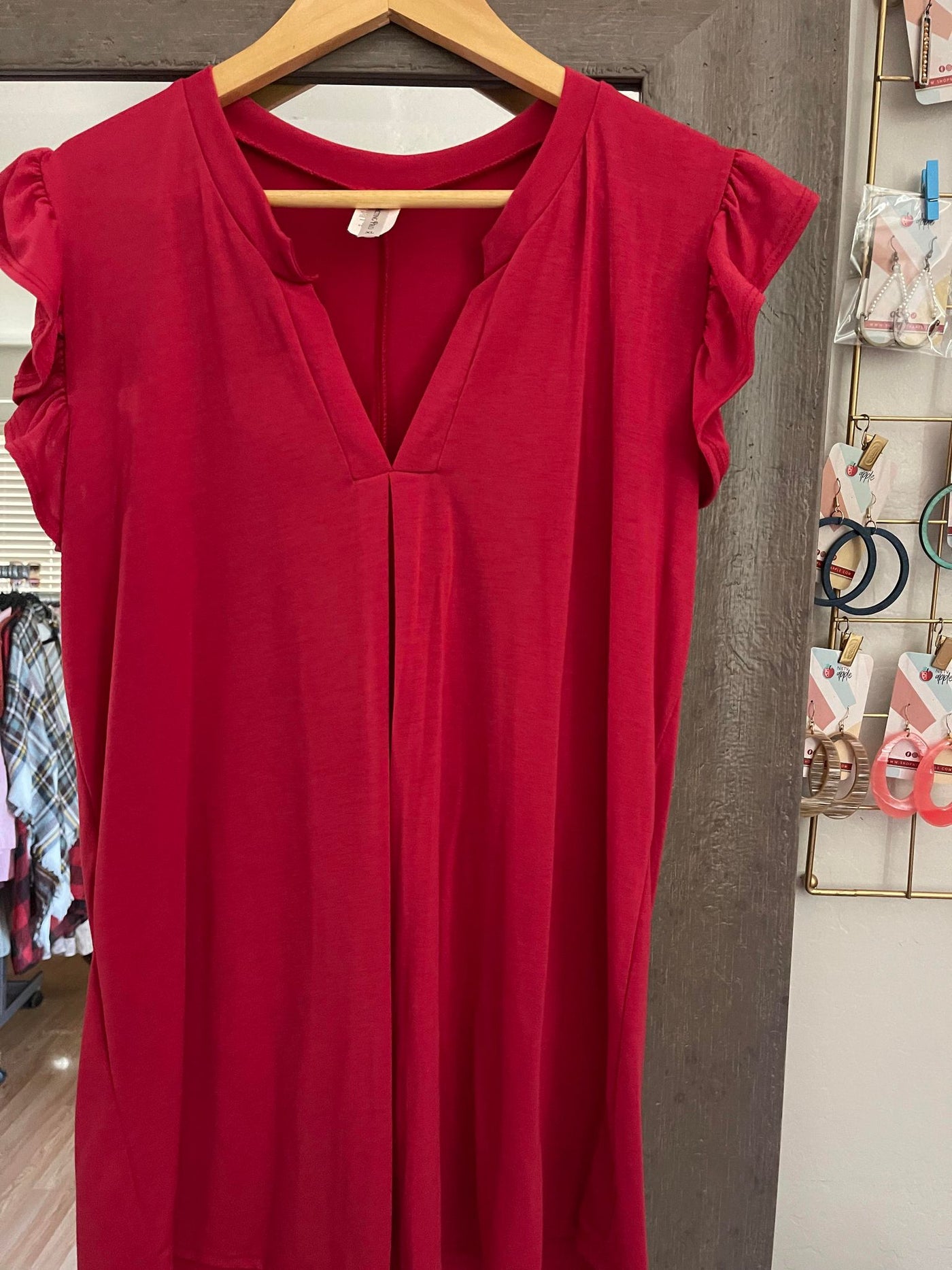 Red Ruffle Sleeve V-Neck Top