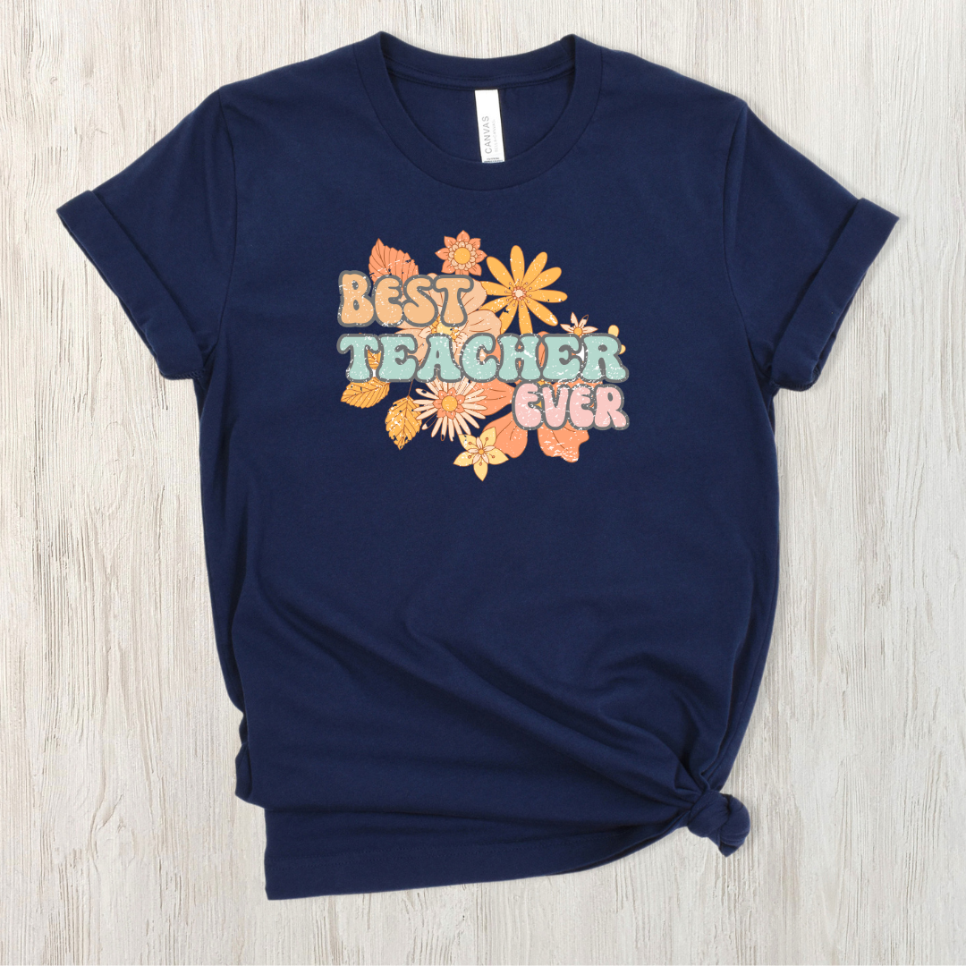 Best Teacher Ever Graphic Tee - Navy Blue with Floral Fun!