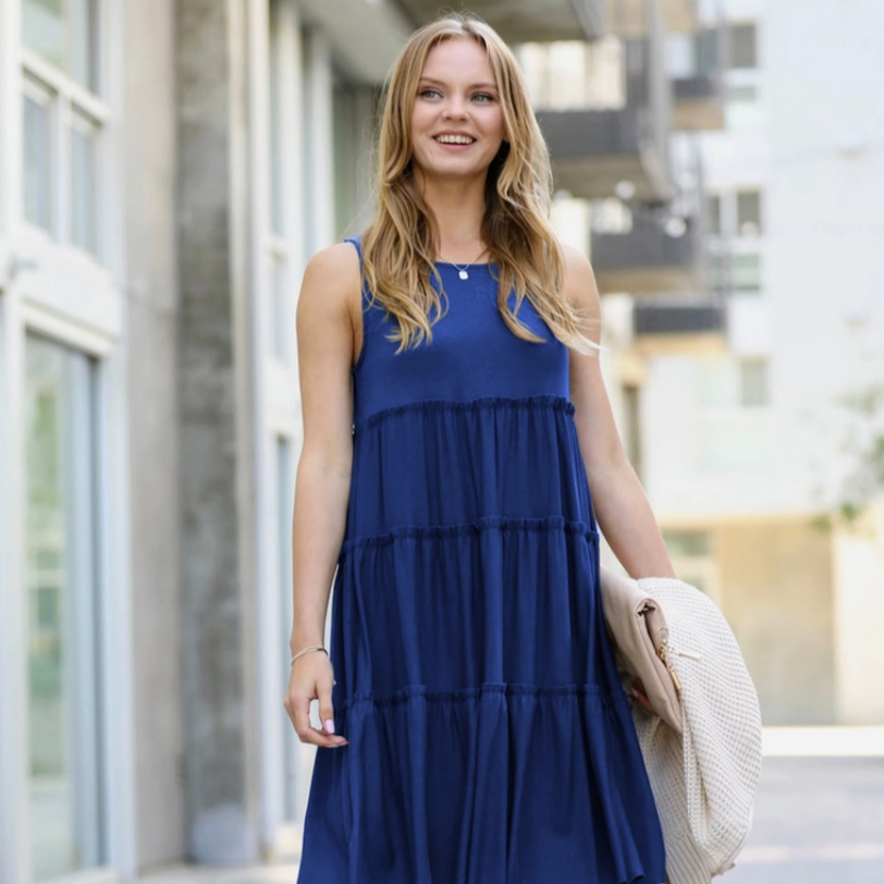 Charmingly Cute: Sleeveless Tiered Navy Dress for Effortless Style