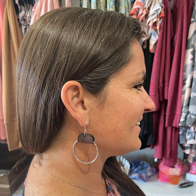 Hammered and Leather Circle Drop Earrings