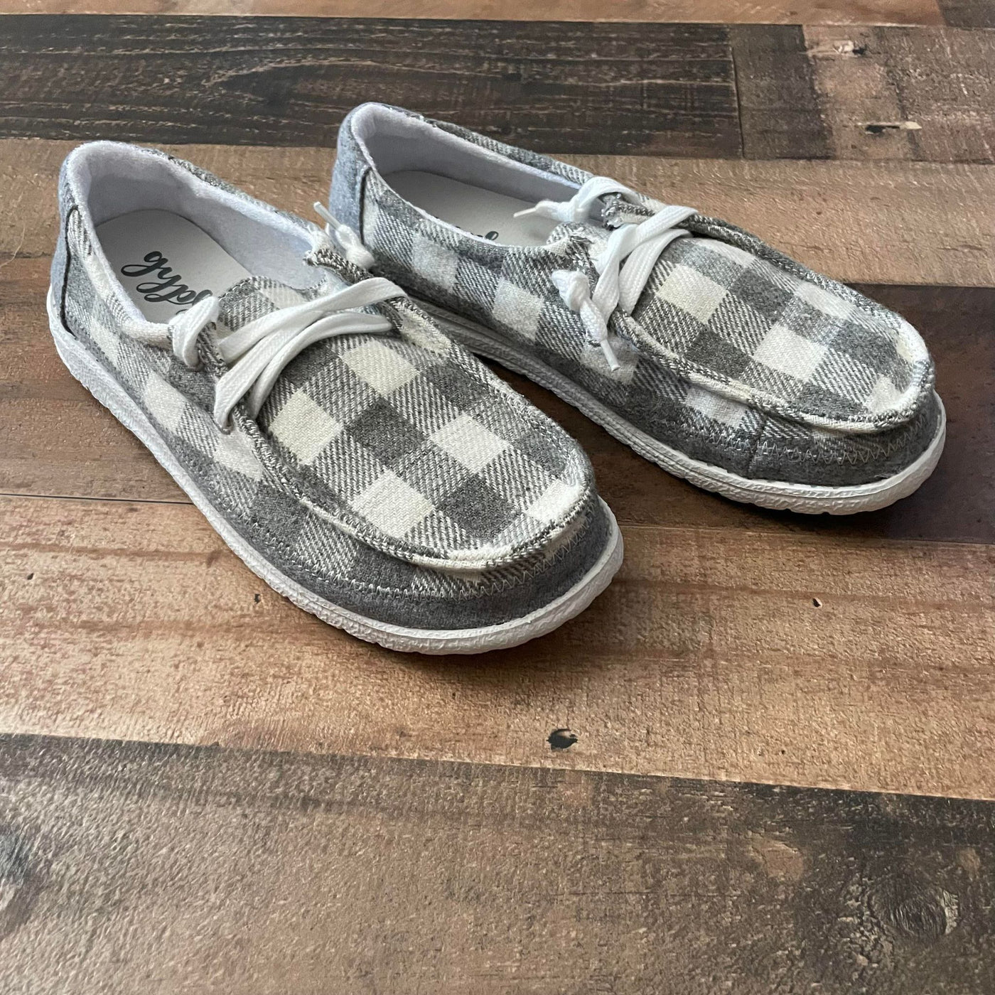 Grey and White Buffalo Check Gypsy Jazz Slip on Sneakers