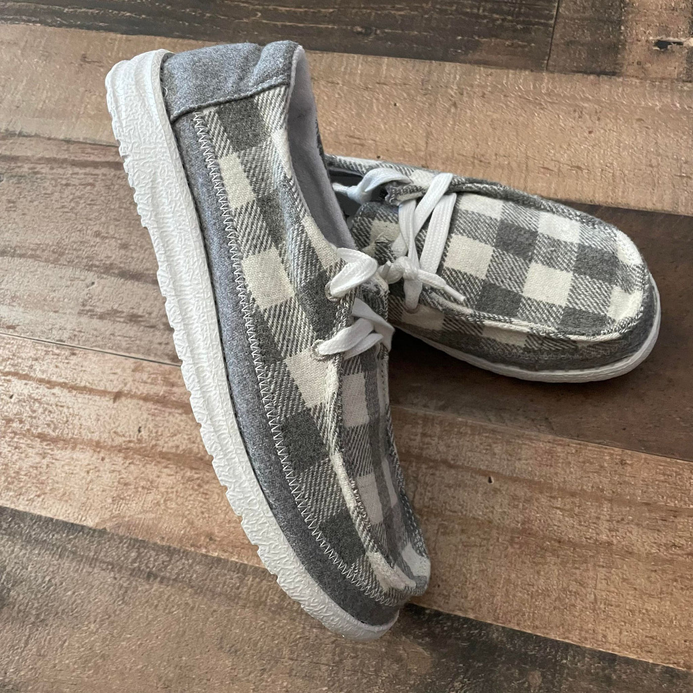 Grey and White Buffalo Check Gypsy Jazz Slip on Sneakers