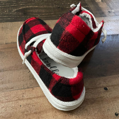 Red and Black Buffalo Check Gypsy Jazz Slip On Sneakers