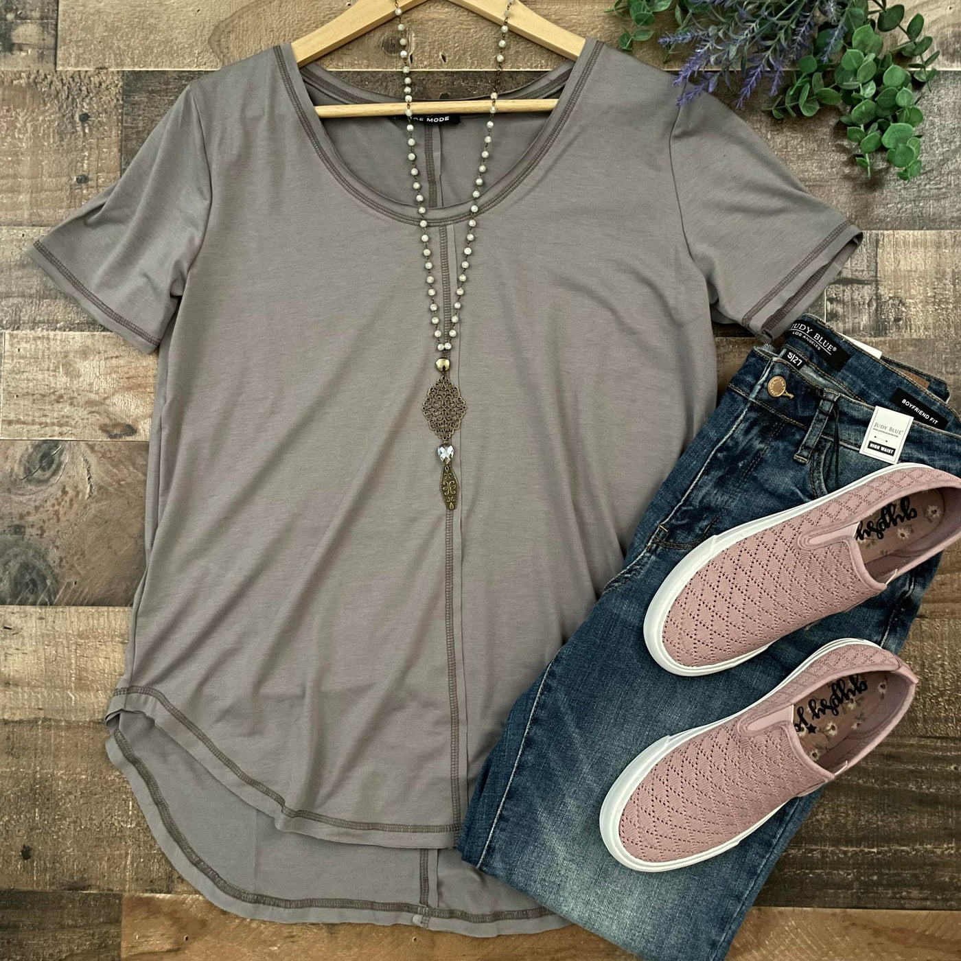 Taupe V-Neck Reversed Stitch Top