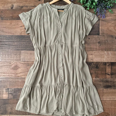 Soft Olive Button Front Tired Dress by Mikarose