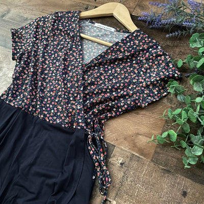 Floral and Solid Navy Faux Wrap Dress
