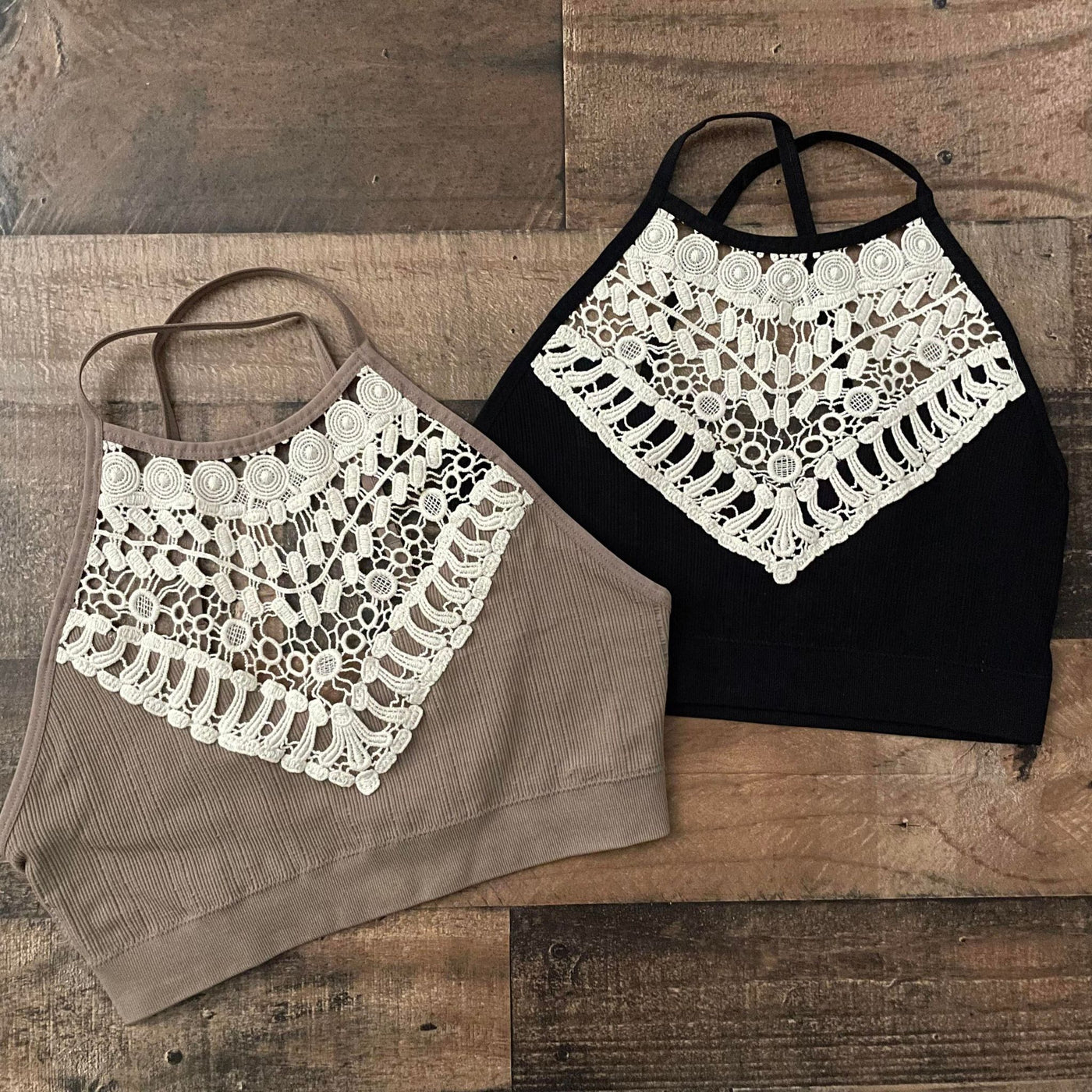 Crochet Lace High Neck Bralette in Tan and Black