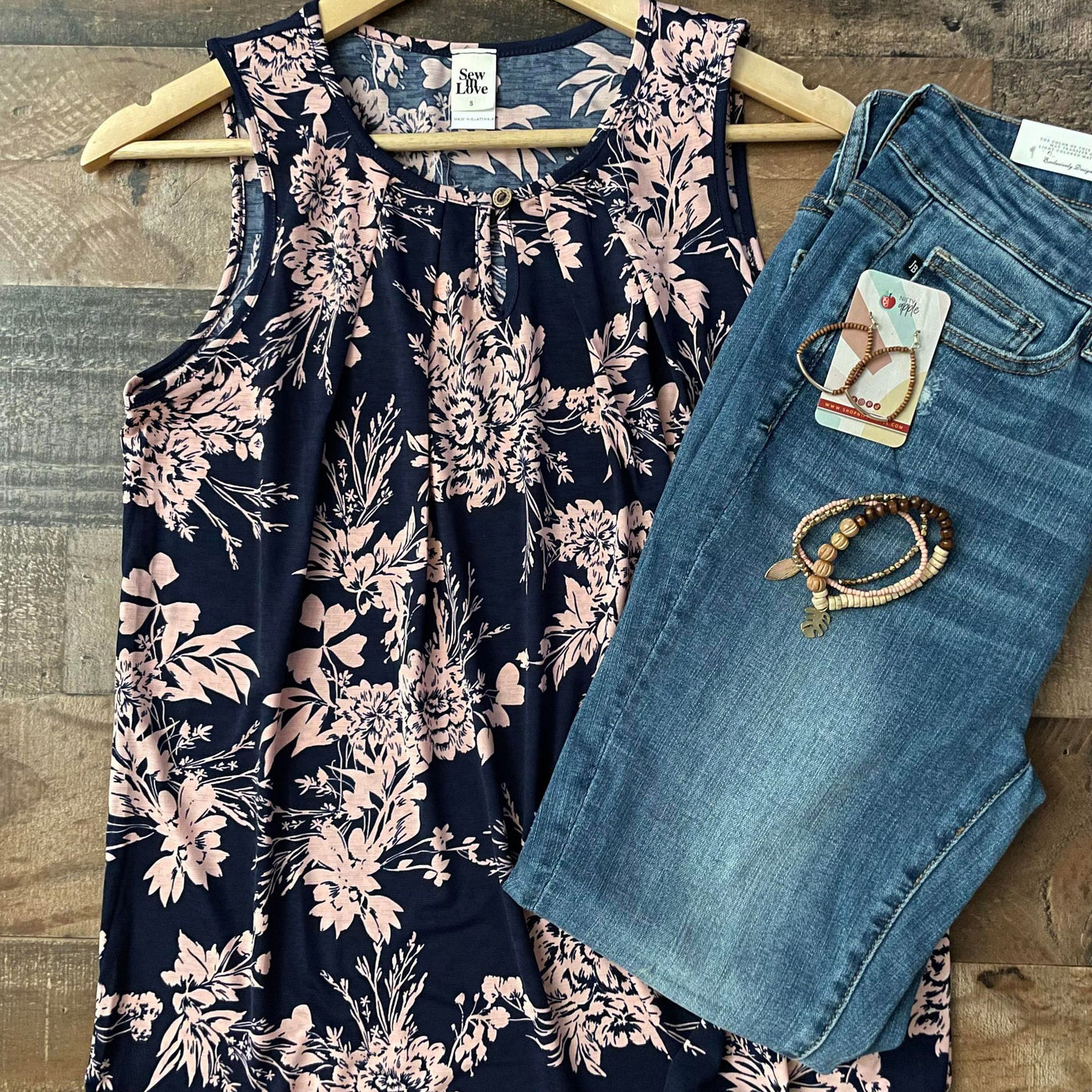 Navy and Light Pink Pretty Lady Floral Tank Top