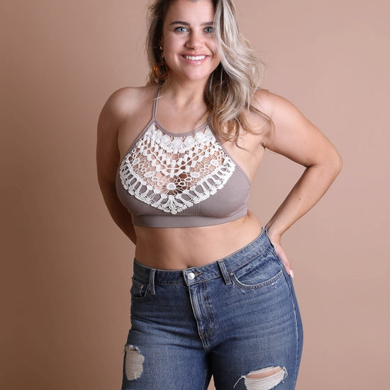 Crochet Lace High Neck Bralette in Tan and Black